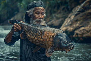 a fisherman holding a huge he caught in a river - obrazy, fototapety, plakaty