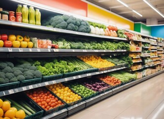 Supermarket aisle and Fresh vegetables on the shelf, 