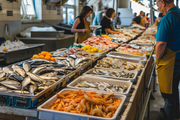 a fish market with stalls selling different kinds of seafood - obrazy, fototapety, plakaty