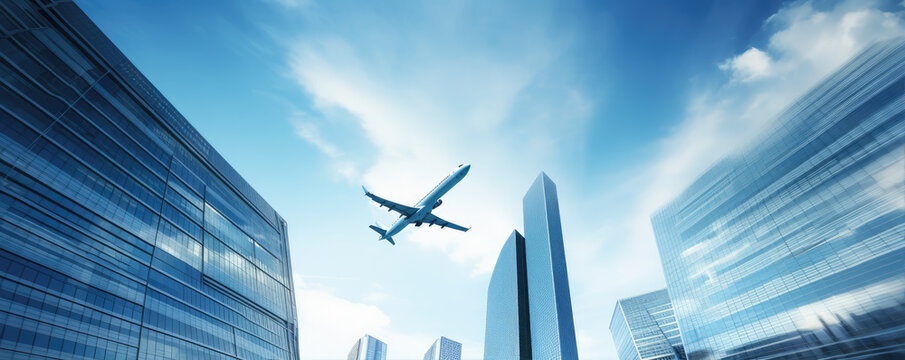 Blue skyscrapers with big glass windows and airplane on sky flying in background.