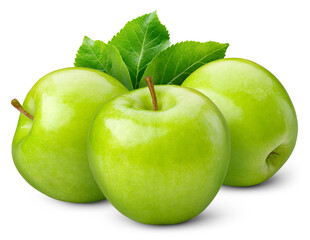 Green apple transparent PNG. Green apples and green leaves isolated on transparent or white background. Three green apples with leaves isolate. - 755989247