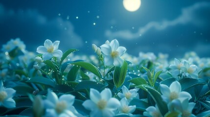 Tranquil Midnight Garden with Luminous Moonlight Shining on White Flowers