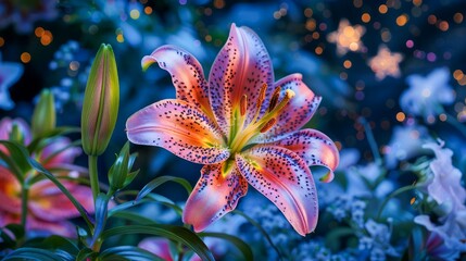 Vibrant Pink and Orange Lily Flower Illuminated at Night with Soft Bokeh Lights and Verdant Foliage