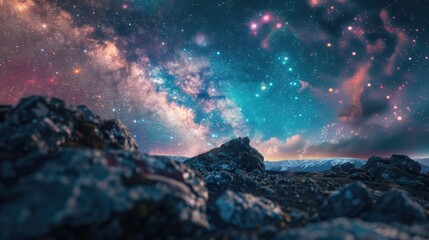 A stunning view of the night sky from a rocky outcropping. Ideal for astronomy enthusiasts and nature lovers. - obrazy, fototapety, plakaty