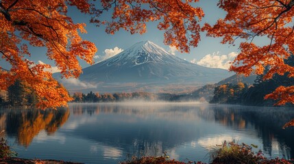 At Lake Kawaguchiko, you can witness the colorful Autumn Season and Mount Fuji with morning fog and red leaves.