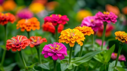 Vibrant Assortment of Blooming Zinnia Flowers in a Lush Garden - Floral Diversity and Natural Beauty Concept