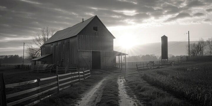A classic black and white photo of a rustic barn. Suitable for various design projects.