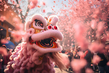 Capturing traditional Chinese culture: Lion Dance in a poetic cherry blossom setting
