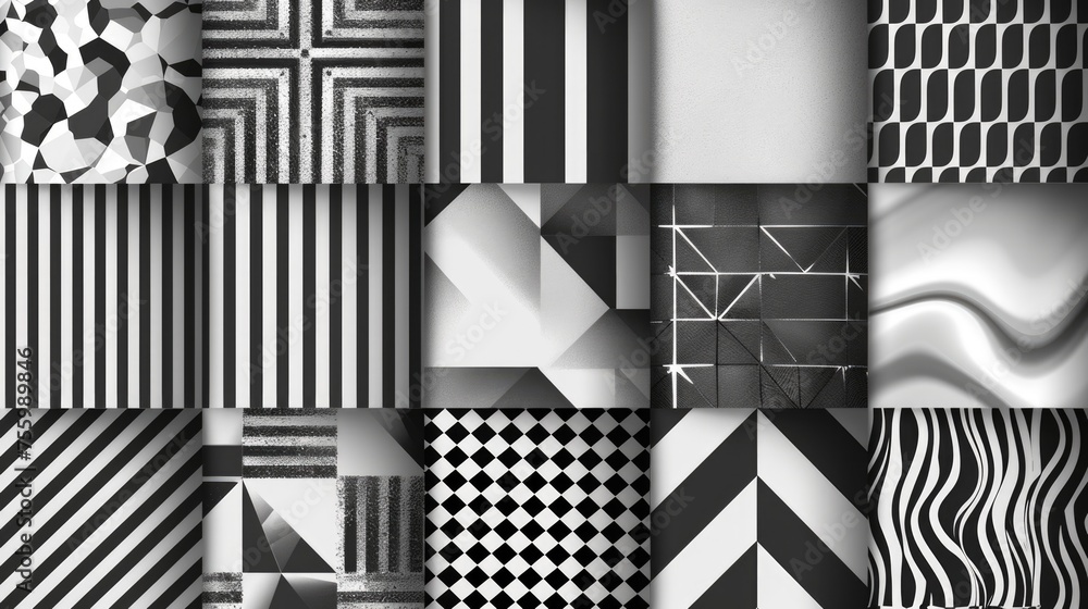 Aufkleber black and white photo showcasing different patterns, suitable for graphic design projects.
