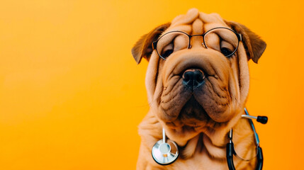 Sharpie dog with a stethoscope and glasses as a vet isolated on yellow background. World Veterinary Day. A puppy dog at a veterinarian's appointment at a veterinary clinic. The concept of pet care. - obrazy, fototapety, plakaty