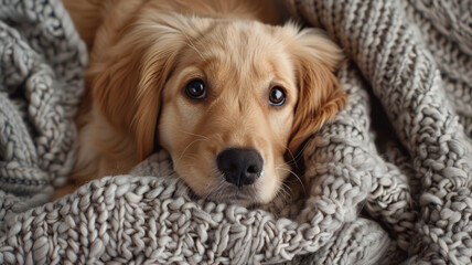 Golden retriever wrapped in a blanket