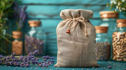 This composition includes lavender and organic cosmetics in an eco bag on blue background. They are organic SPA products for body care and hair care. It is a flat lay of top view, with zero waste