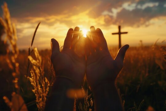 A person holding their hands in front of a cross. Ideal for religious themes.