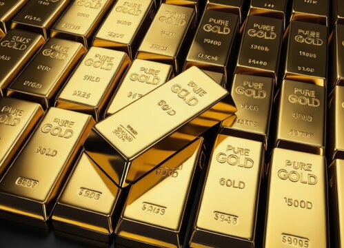 Stacks of pure gold bullion bar on dark background. 