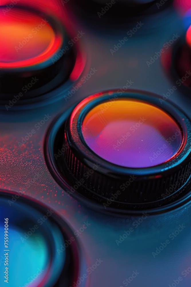 Poster close up of a camera lens on a table, ideal for technology or photography concepts.