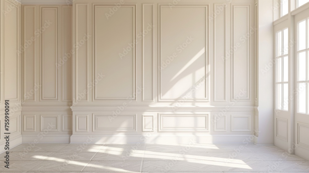 Poster Simple empty room with white walls and floor, suitable for various design concepts.