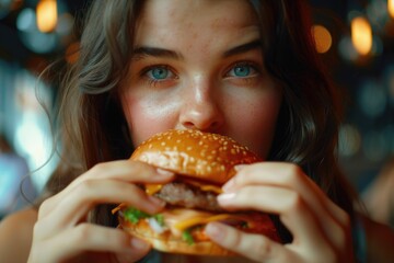 A woman enjoying a hamburger in a cozy restaurant setting. Great for food-related designs.