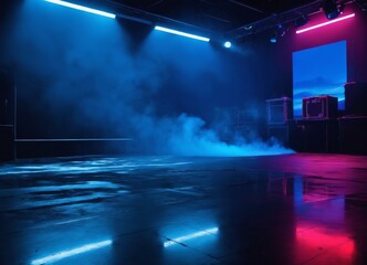  Dark blue background, an empty dark scene, laser beams, neon, spotlights reflecting on the asphalt floor, 
