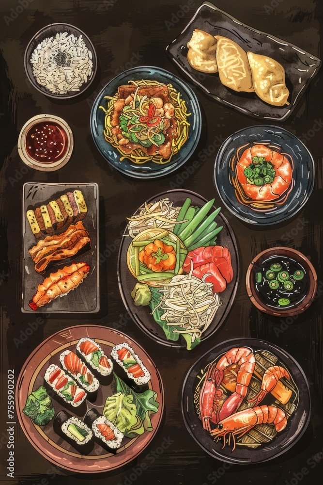 Poster A collection of various food items displayed on a table. Suitable for culinary or restaurant concepts.
