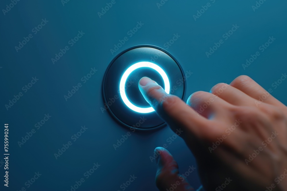 Poster a person pressing a button on a blue wall. suitable for technology or innovation concepts.