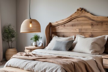 Rustic bed with side tables and pillows & lamp