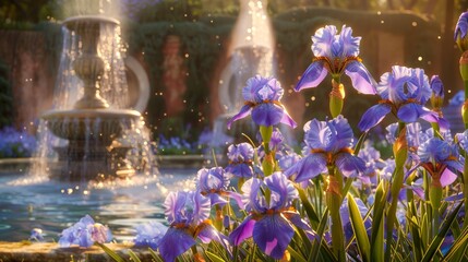 Tranquil Garden Scene with Sunlit Fountain and Blooming Purple Irises in a Serene Outdoor Setting