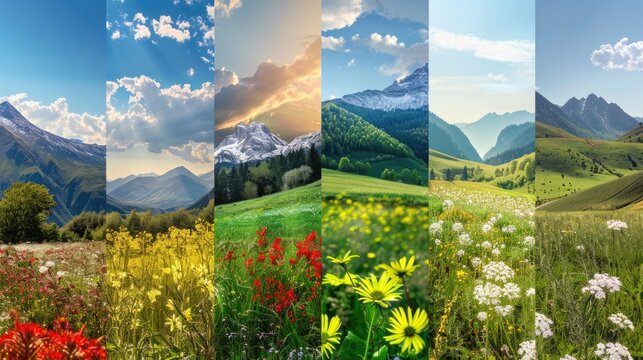 Collage of four images showcasing different views of a mountain landscape. Perfect for travel brochures or outdoor adventure websites.