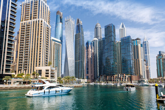 Dubai Marina skyline cityscape with skyscraper buildings at water