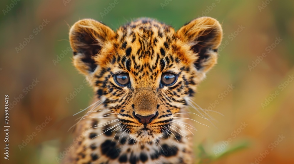 Poster A close up of a leopard's face with a blurry background. Suitable for various design projects.