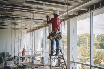 Experienced electrician installing modern lighting fixtures inside a residential apartment