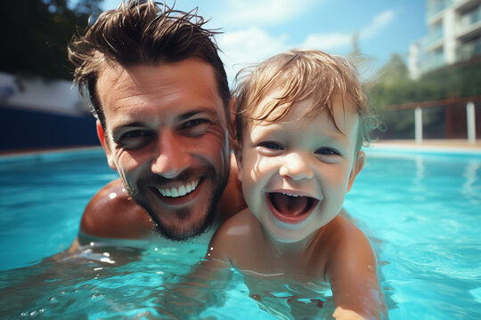 Father and Son Playing in Pool - A joyful father and his young son laughing and splashing in a swimming pool. Perfect for themes of family fun, summer activities, and bonding.