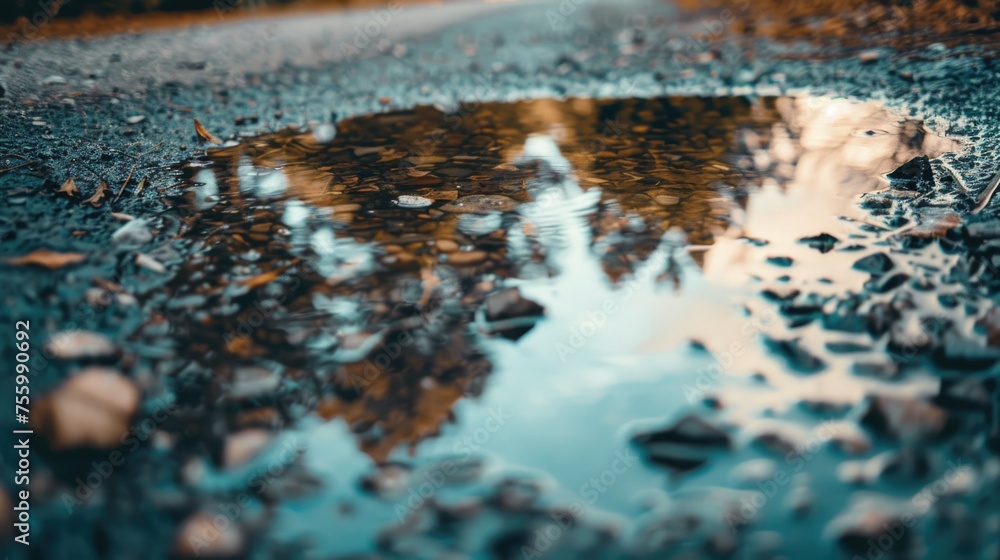 Poster reflection of trees in a puddle, suitable for nature themes.
