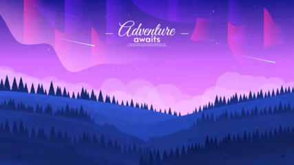 Foto op Canvas Evening landscape. Vector illustration. Hills with forest. Aurora borealis in the sky. Adventure touristic background. © Goldenboy_14