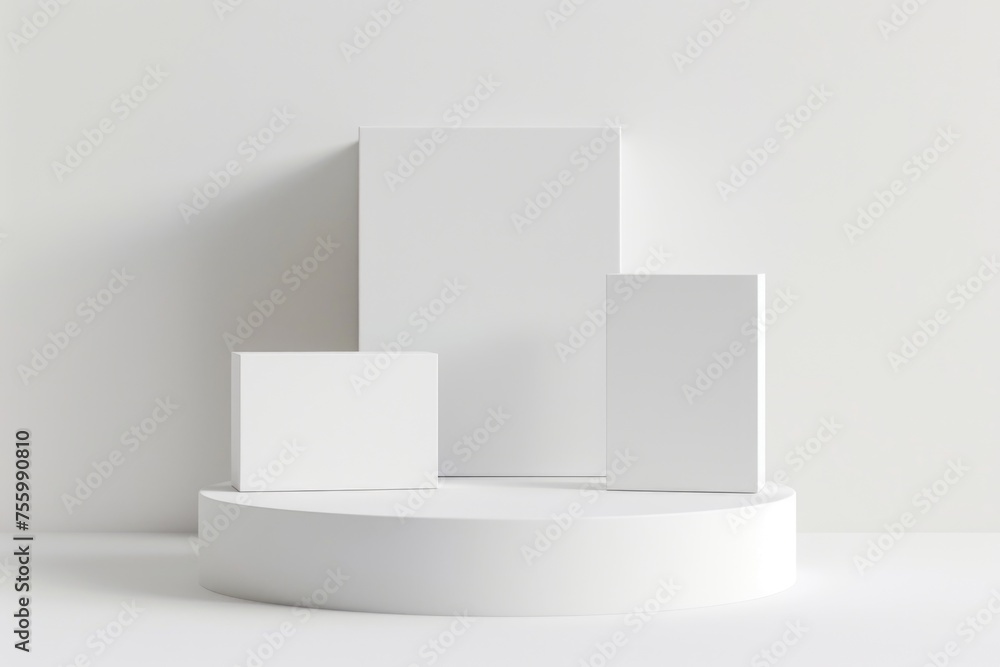 Poster white pedestal with three square boxes on top. ideal for product displays.