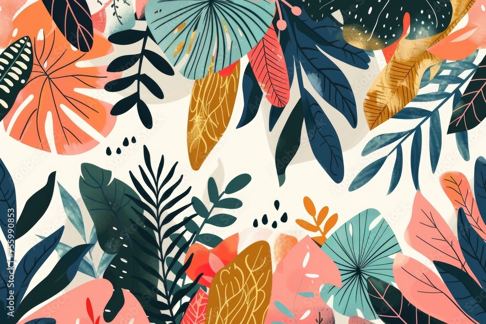 Poster a beautiful pattern of leaves and flowers on a white background. perfect for various design projects