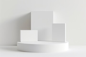 White pedestal with three square boxes on top. Ideal for product displays.