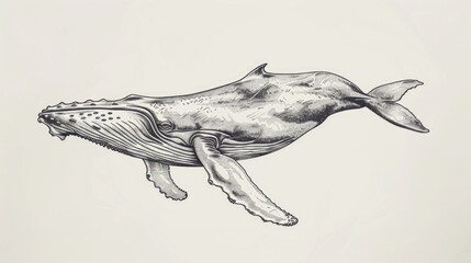 Detailed black and white illustration of a humpback whale. Perfect for educational materials or marine conservation campaigns.