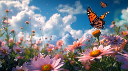 Majestic Monarch Butterfly Flutters Vibrantly Over Blossoming Pink Daisy Field Under a Sunny Blue Sky With Fluffy Clouds