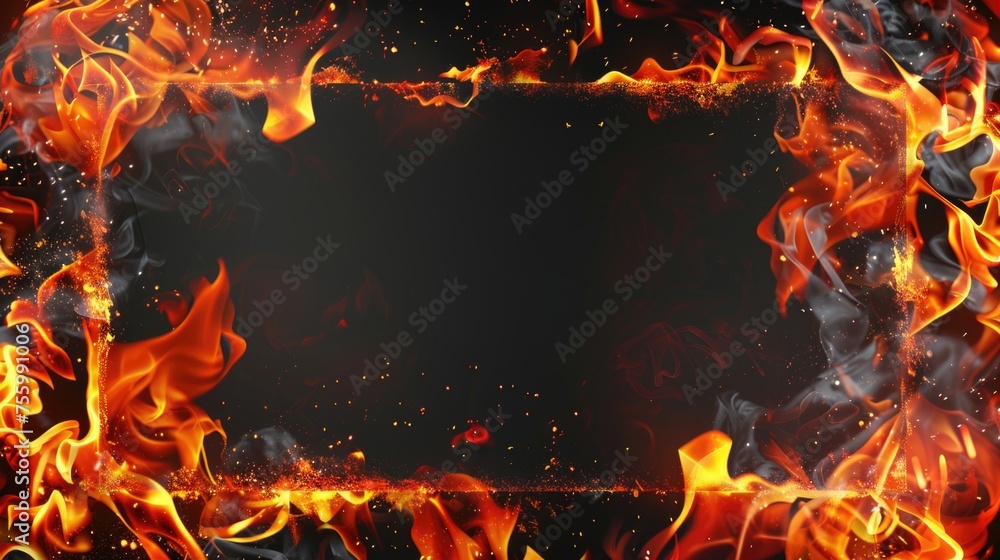 Poster A striking image of a fire frame against a dark backdrop. Ideal for adding a dramatic touch to design projects.