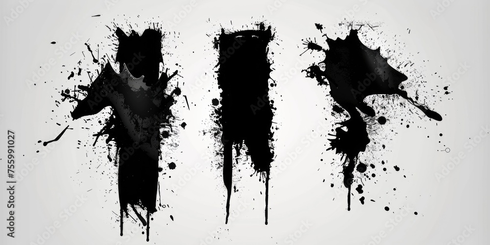 Poster abstract black paint splatters on a clean white background, suitable for various design projects.