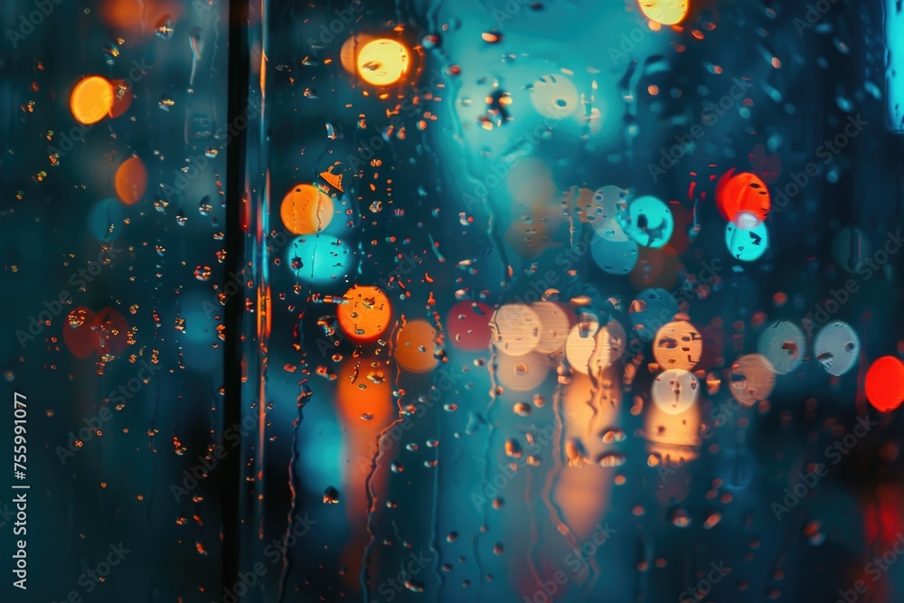 Poster rain drops on a window with a glowing street light in the background. suitable for weather and urban