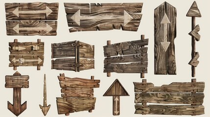 Various wooden signs and arrows, perfect for directional or rustic themed designs.