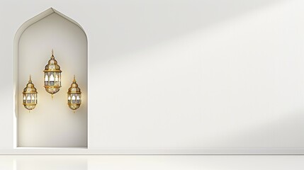 Islamic lanterns on white room for Eid Ramadan banner poster design