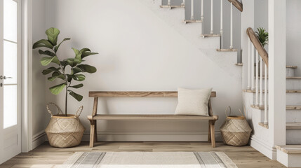 Wooden bench against grey wall and staircase