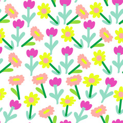 seamless pattern with plants and flowers in flat style in vector. template for background, wallpaper, wrapping, fabric, print