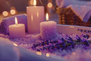 Obraz na płótnie Canvas A luxurious bath tub filled with candles and lavender flowers. Perfect for spa and relaxation concepts.