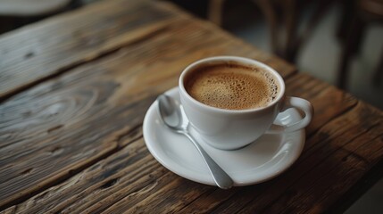 Fototapeta premium A cup of coffee on a rustic wooden table, perfect for cozy home decor.