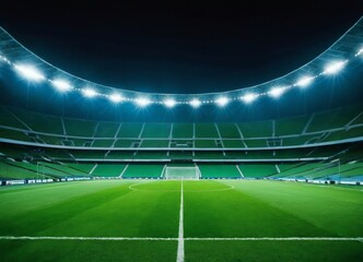 Empty night grand soccer arena in the lights, football soccer stadium