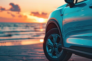 A car parked on the beach at sunset. Suitable for travel and leisure concepts. - obrazy, fototapety, plakaty