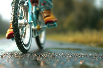 Person riding a bike on a wet road, suitable for sports or weather concepts.